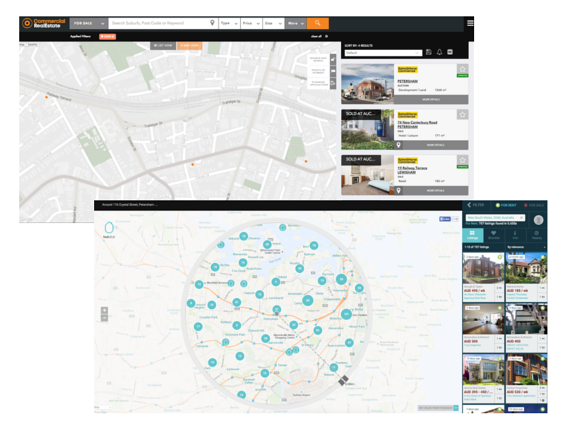 Top: Commercial Real Estate and Bottom: Hutbitat search screens