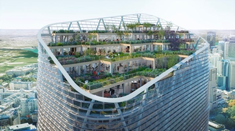 An artist's impression of the rooftop garden at Atlassian Sydney HQ, currently under construction and made from hybrid timber.