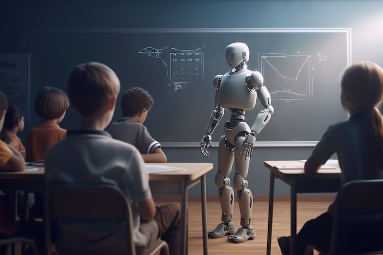 AI replacing teachers. Futuristic robot working in school classroom, standing near chalkboard as a substitute teacher. Generative AI