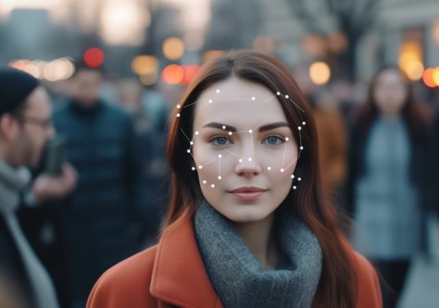 Advanced facial recognition technology identifies the face of woman in bustling crowd, utilizing the power of big data analysis scanning for enhanced authentication through face. generative ai