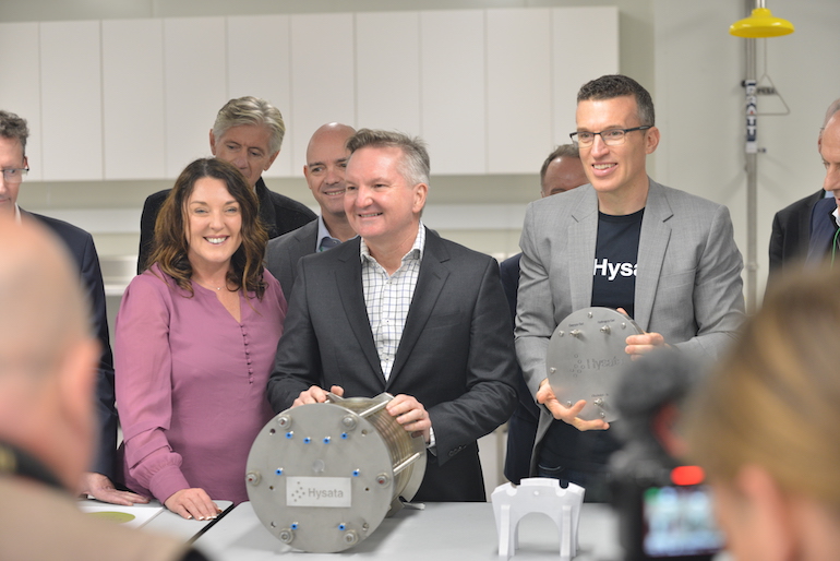 Federal climate change and energy minister Chris Bowen with Hysata CEO Hysata at the launch of the company's new manufacturing plant in Wollongong