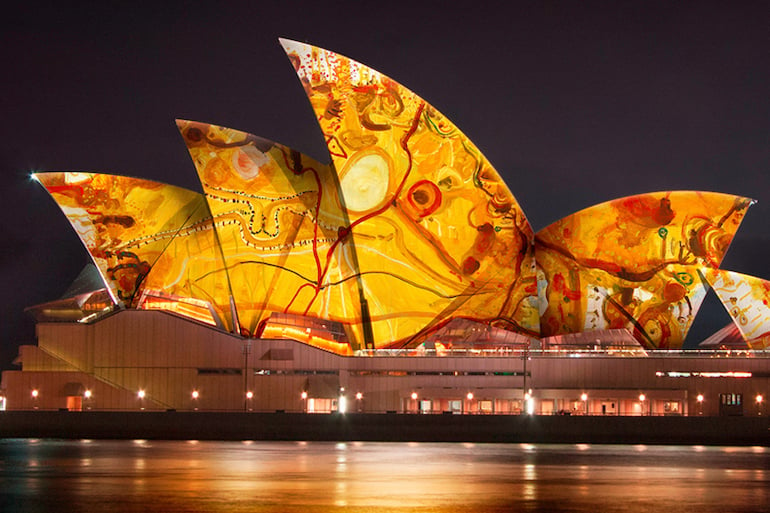 Artist John Olsen's work projected onto the Sydney Opera House in a work by Curiious for Vivid Sydney