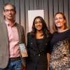 Left to right: Kanopi’s Micha Goldfine and Akanksha Baadkar accepting their team’s Best Startup Culture award from The Culture Equation CEO Hiam Sakakini. Image: Camera Creations
