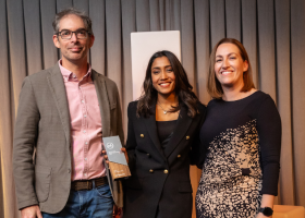 Left to right: Kanopi’s Micha Goldfine and Akanksha Baadkar accepting their team’s Best Startup Culture award from The Culture Equation CEO Hiam Sakakini. Image: Camera Creations