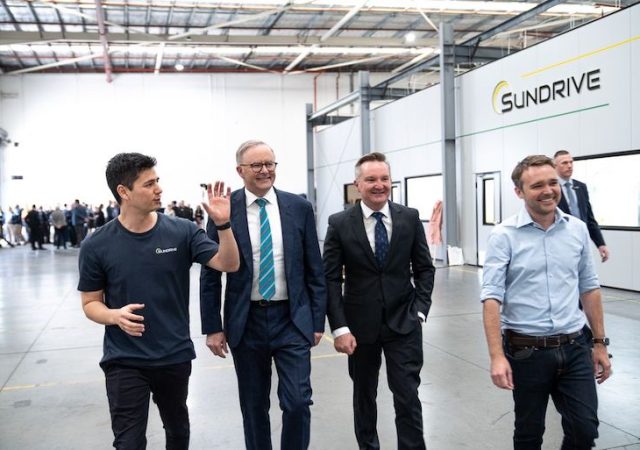 SunDrive cofounder Vince Allen with PM Anthony Albanese, climate change minister Chris Bowen and company director, advisor and former MP Wyatt Roy.