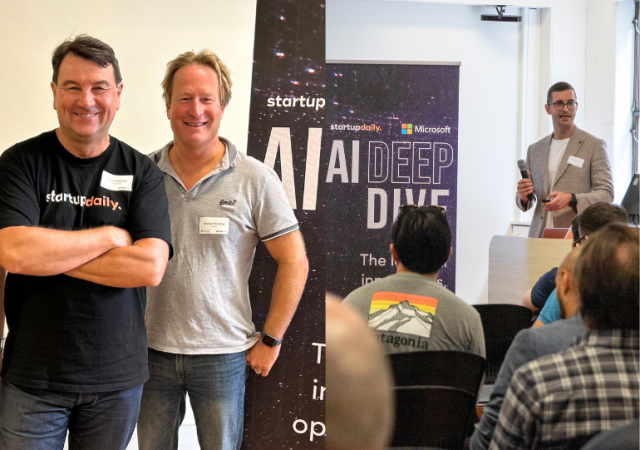 Startup Daily editor and AI Deep Dive event host Simon Thomsen with Dubber's Michael Weeding; Dusko Alavanja from Tutch. Images: Startup Daily